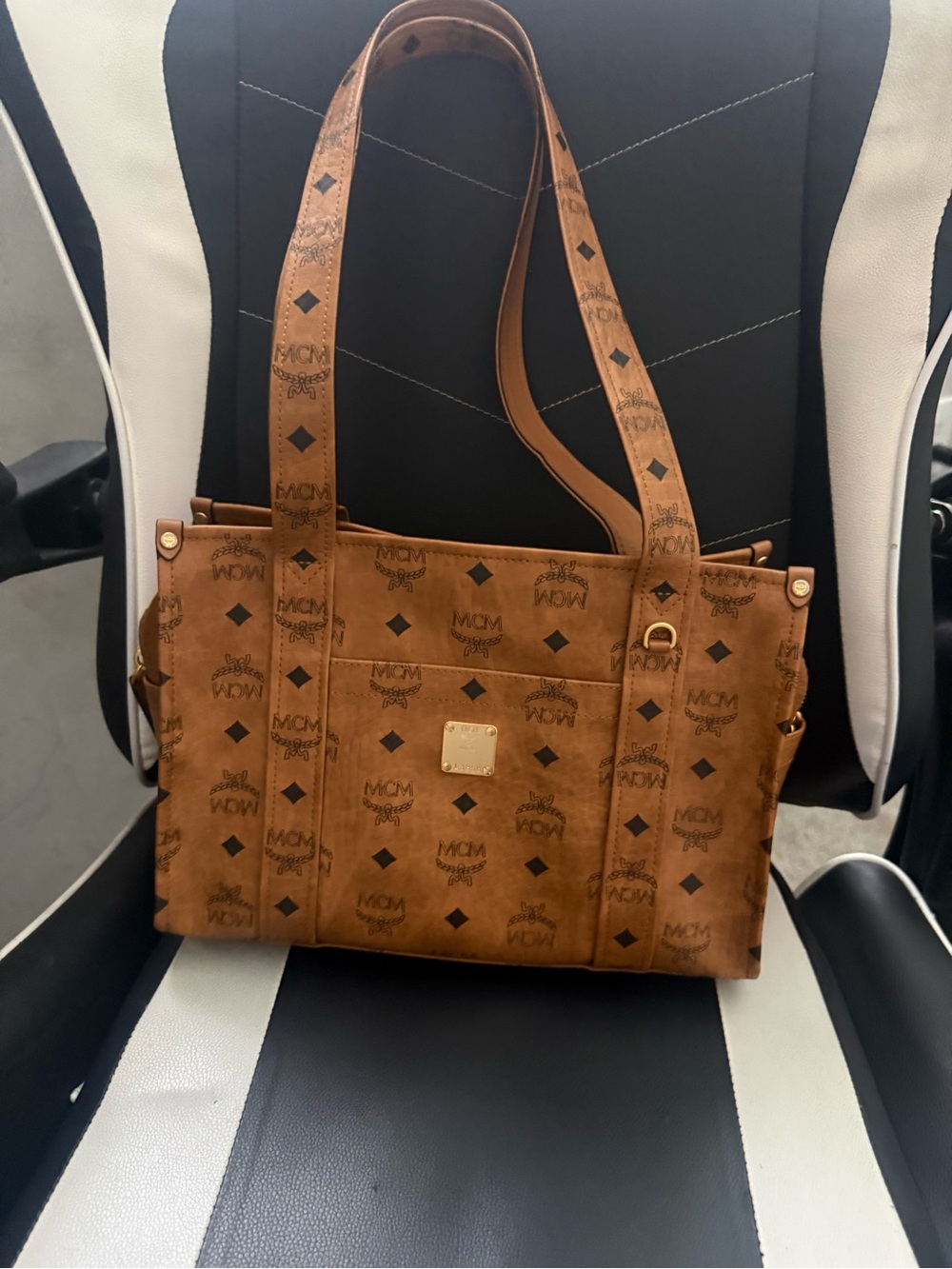 MCM Brown Monogram Canvas Tote Bag